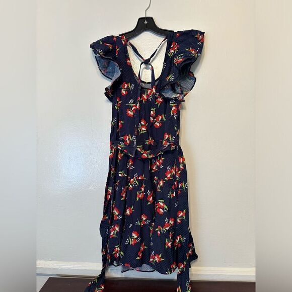 JILL STUART Navy Back Cut Out Floral Cap Sleeve Scoop Neck Short Fit dress sz S - Picture 4 of 6
